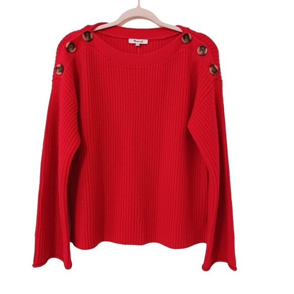NWT Madewell Red Calloway Pullover Sweater Wool Blend Wide Sleeves Boatneck Boxy - Picture 2 of 15